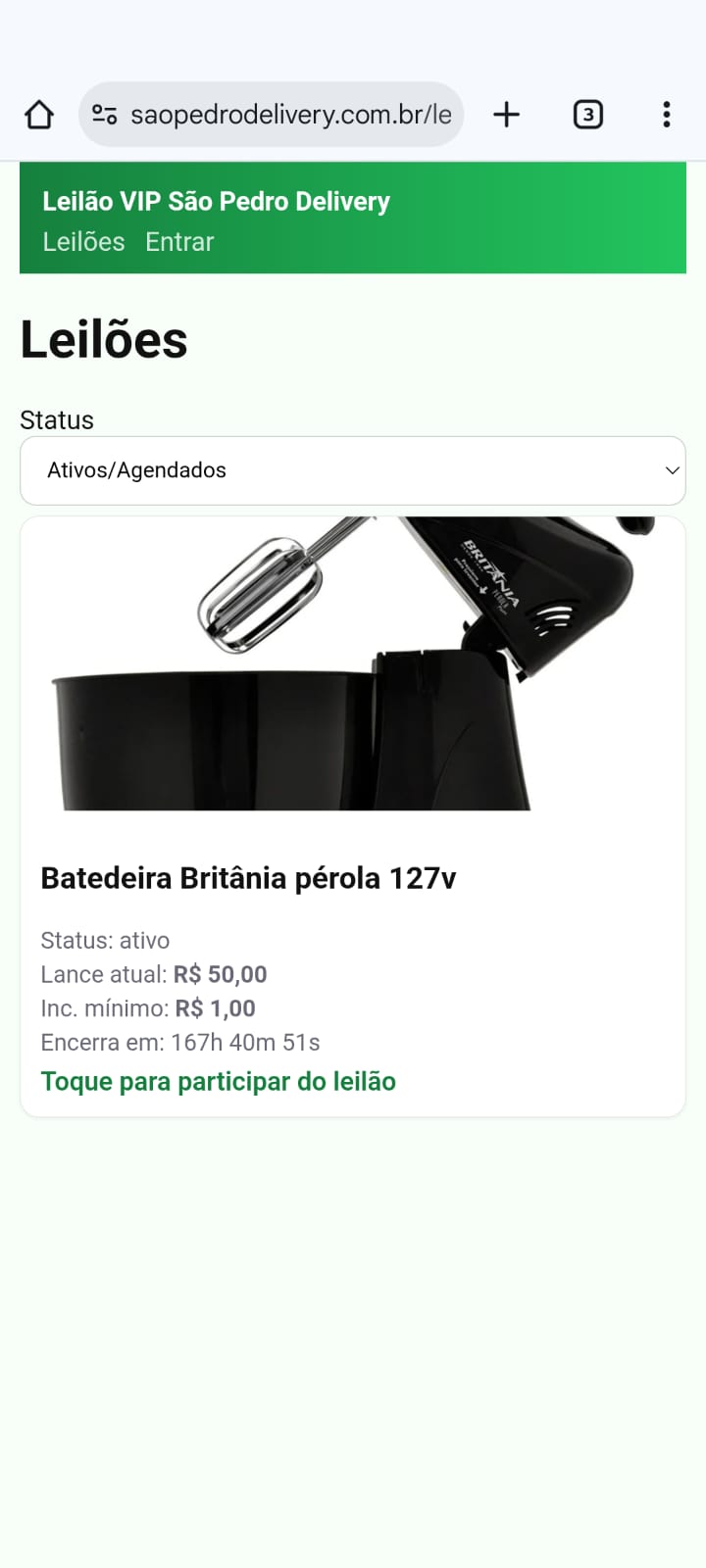Página inicial do leilão