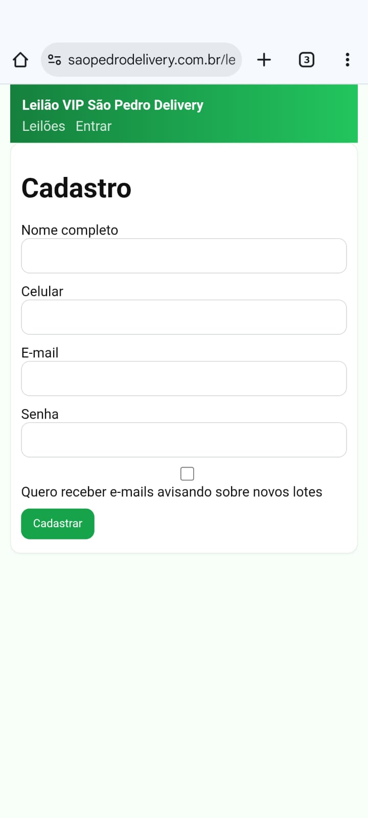 Tela de cadastro