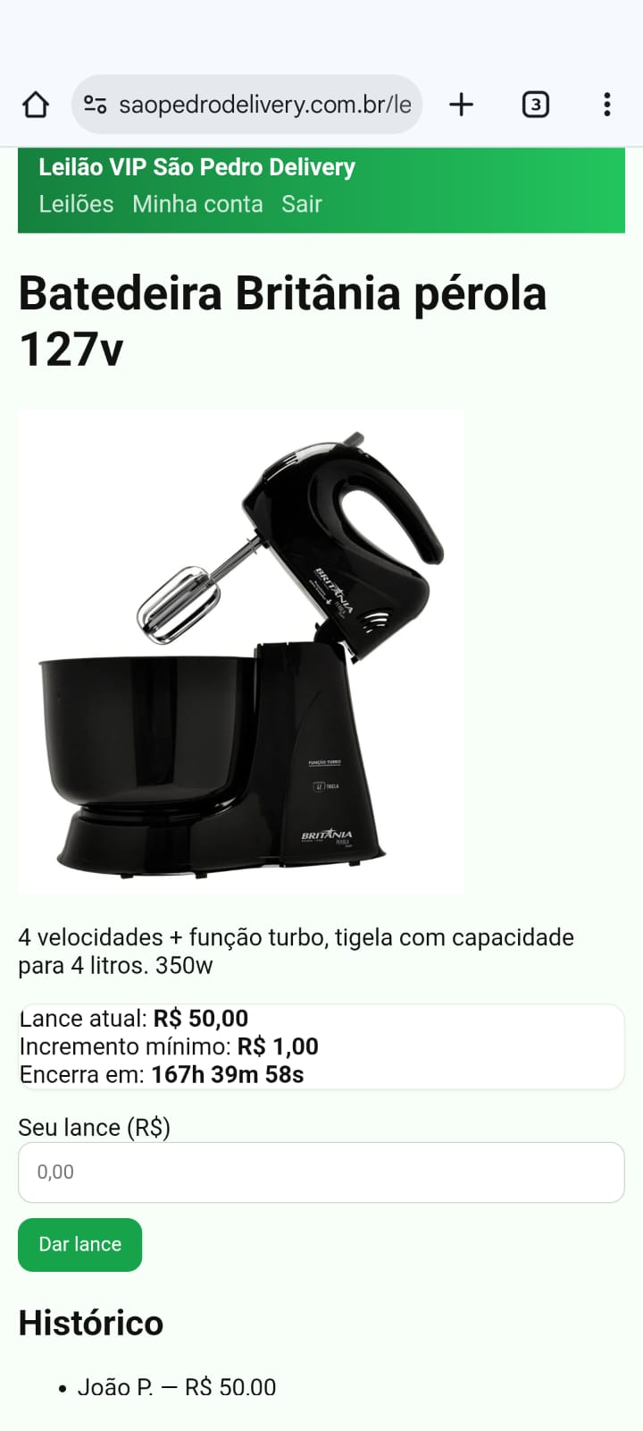Página do leilão